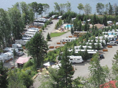 Aerial view of campsites at Birch Bay Resort on Francois Lake, BC